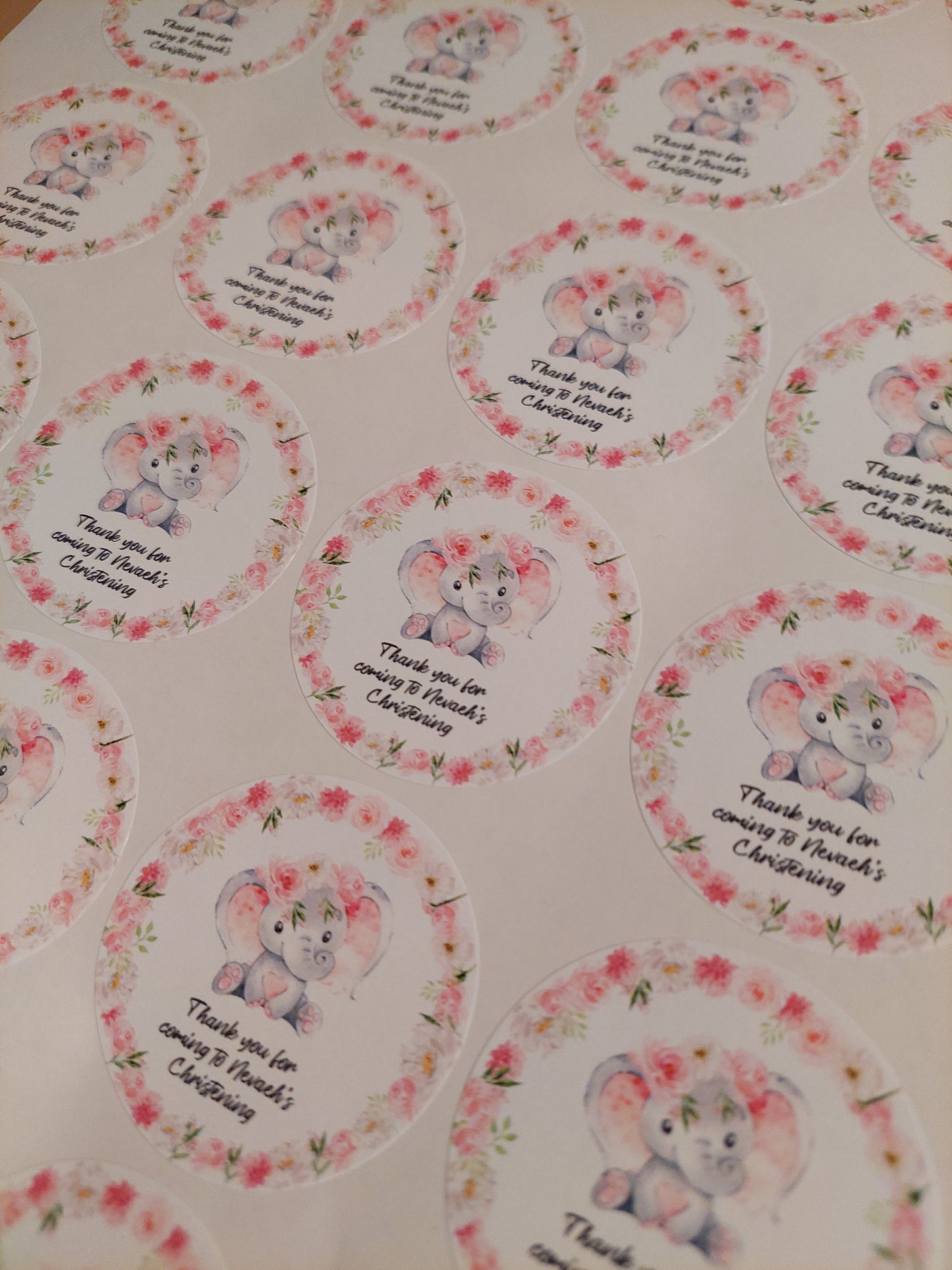 Personalised Pink Floral Elephant Stickers | Sticker Sheet 45mm Circles | Party Stickers | Circle Stickers | Sticker Sheet