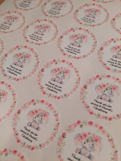Personalised Pink Floral Elephant Stickers | Sticker Sheet 45mm Circles | Party Stickers | Circle Stickers | Sticker Sheet