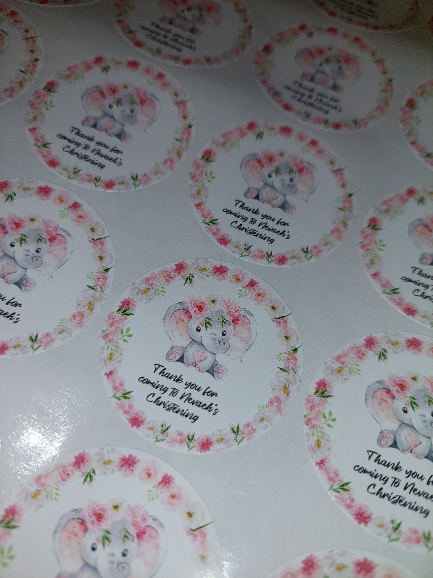 Personalised Pink Floral Elephant Stickers | Sticker Sheet 45mm Circles | Party Stickers | Circle Stickers | Sticker Sheet