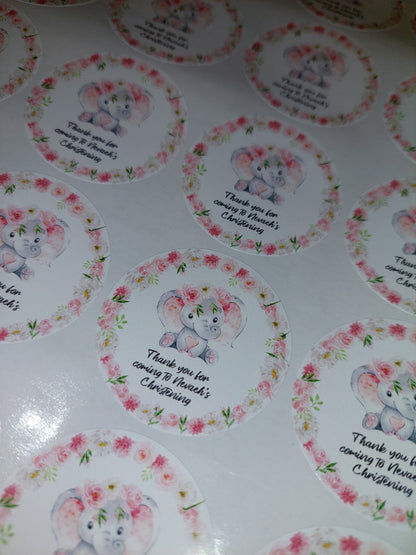Personalised Pink Floral Elephant Stickers | Sticker Sheet 45mm Circles | Party Stickers | Circle Stickers | Sticker Sheet