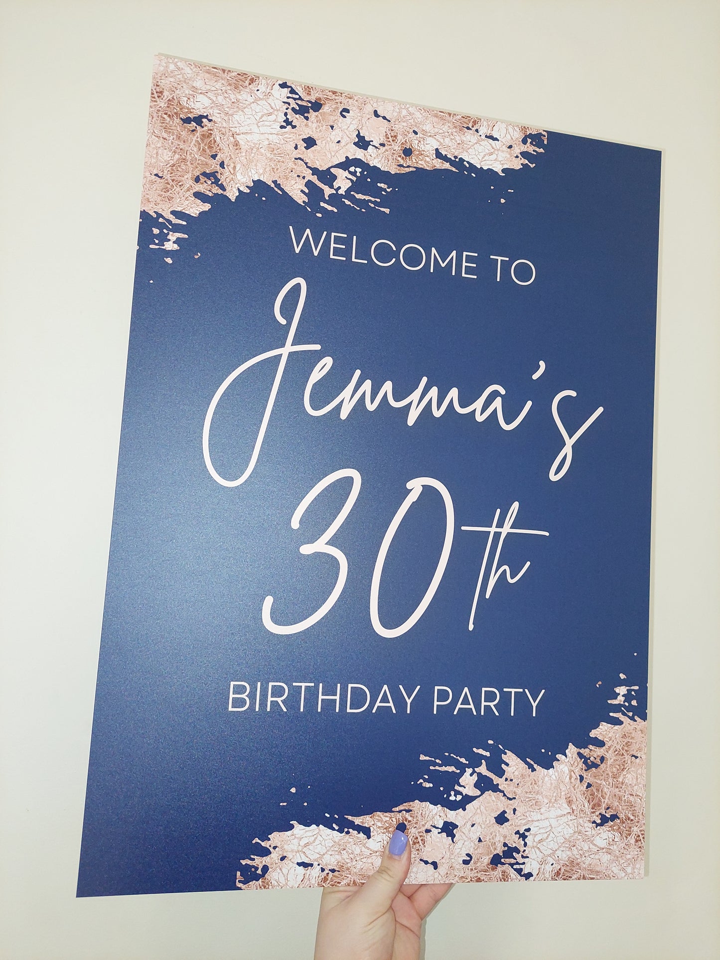 Navy Blue & Rose Gold Welcome Board Sign | Personalised Birthday Board | Birthday Party Sign | A4, A3, A2