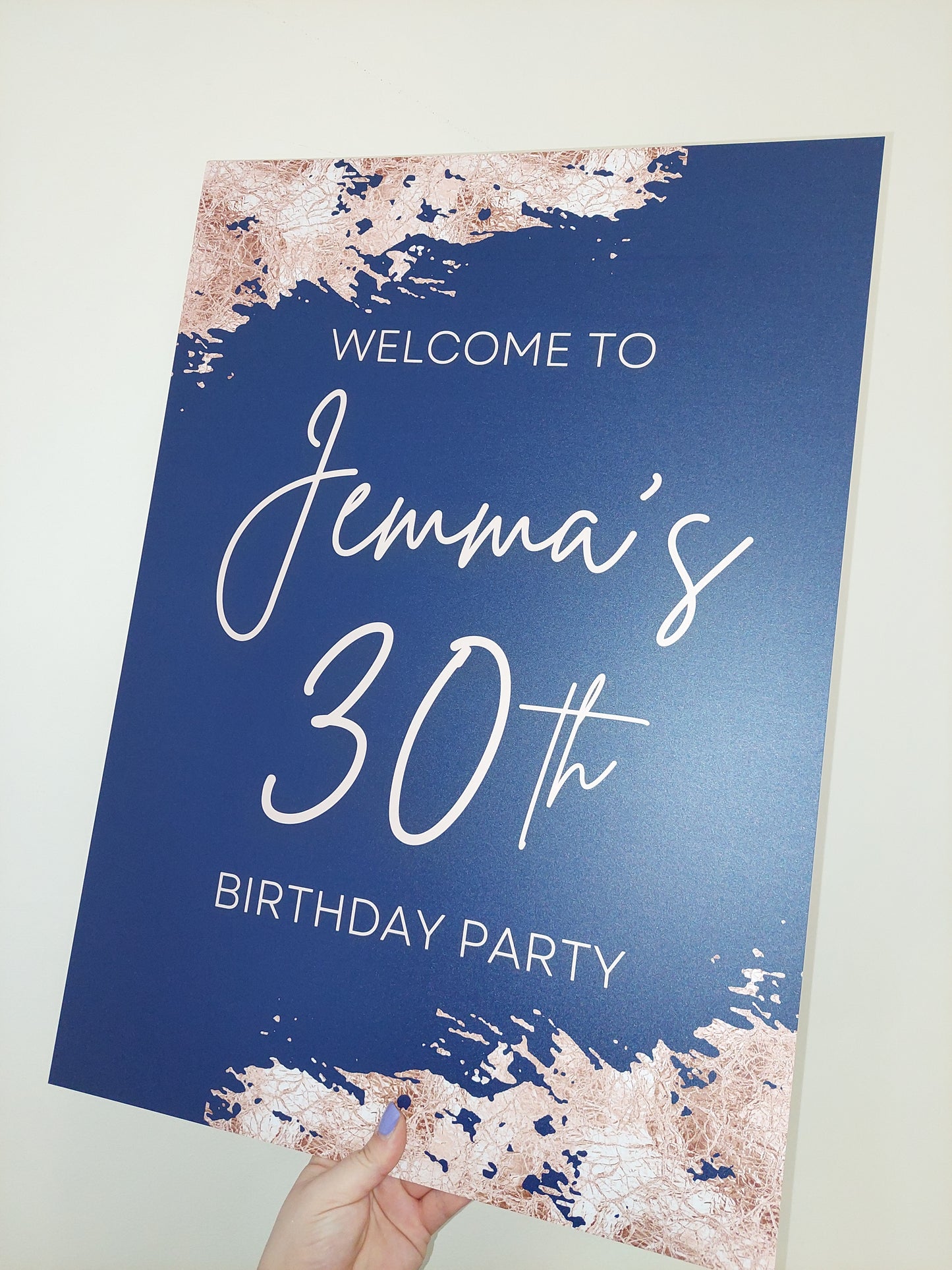Navy Blue & Rose Gold Welcome Board Sign | Personalised Birthday Board | Birthday Party Sign | A4, A3, A2