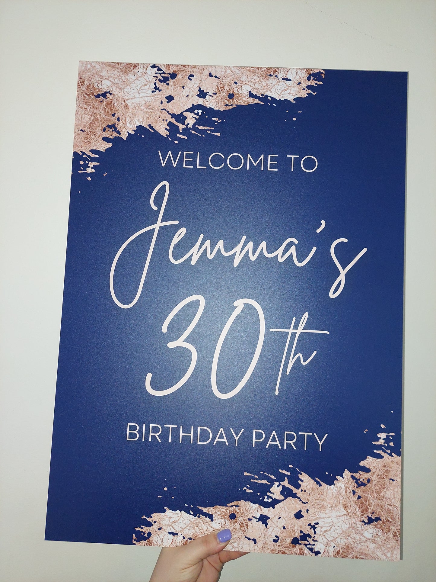 Navy Blue & Rose Gold Welcome Board Sign | Personalised Birthday Board | Birthday Party Sign | A4, A3, A2