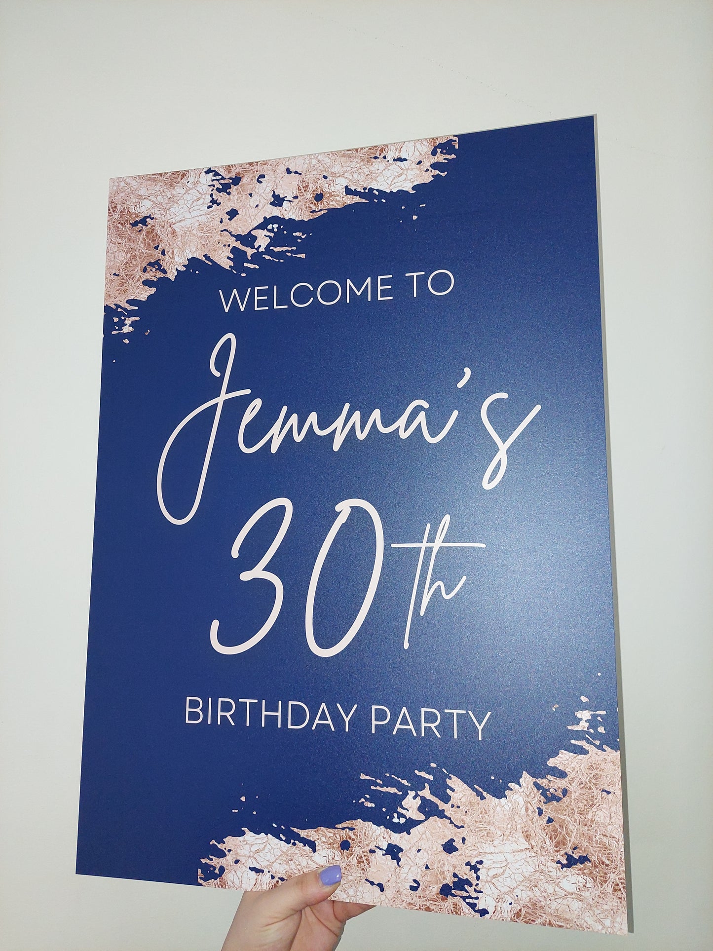 Navy Blue & Rose Gold Welcome Board Sign | Personalised Birthday Board | Birthday Party Sign | A4, A3, A2