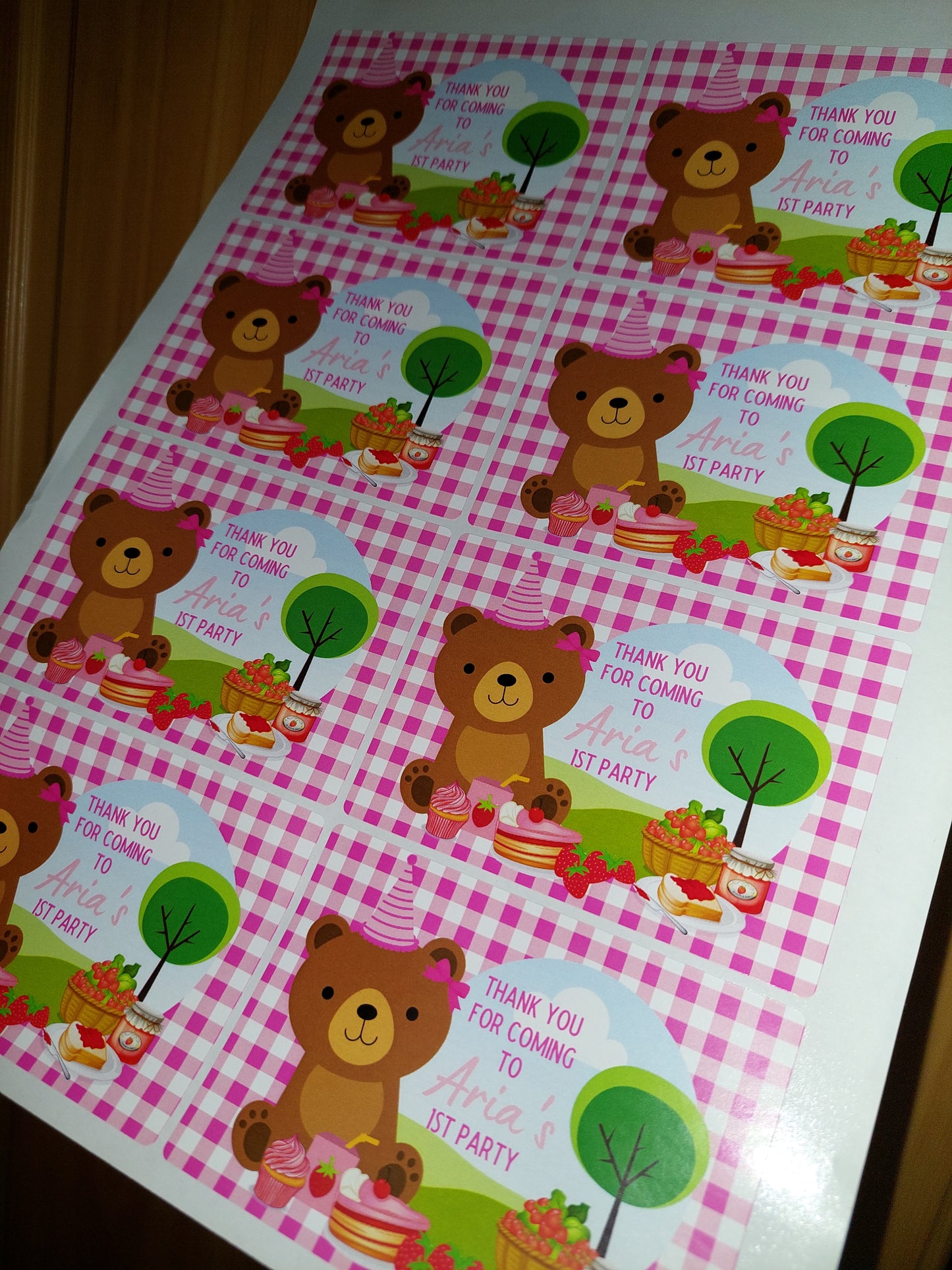Rectangle Stickers | Party Stickers | Pink Teddy Bear Picnic Party Stickers | Party Bag Stickers
