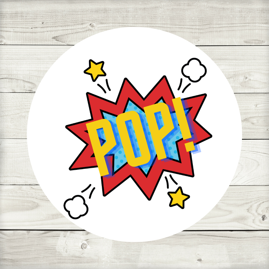 Superhero POP Popcorn Stickers | Various Sizes | Superhero Party Supplies
