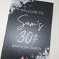 Black & Silver Welcome Board Sign | Personalised Birthday Board | Birthday Party Sign | A4, A3, A2