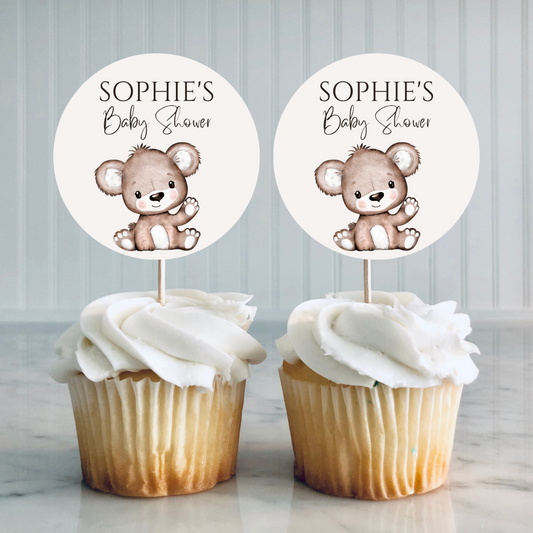 Brown Beige Neutral Teddy Bear Cupcake Toppers | Baby Shower, Birthday Cupcake Toppers | Party Decorations