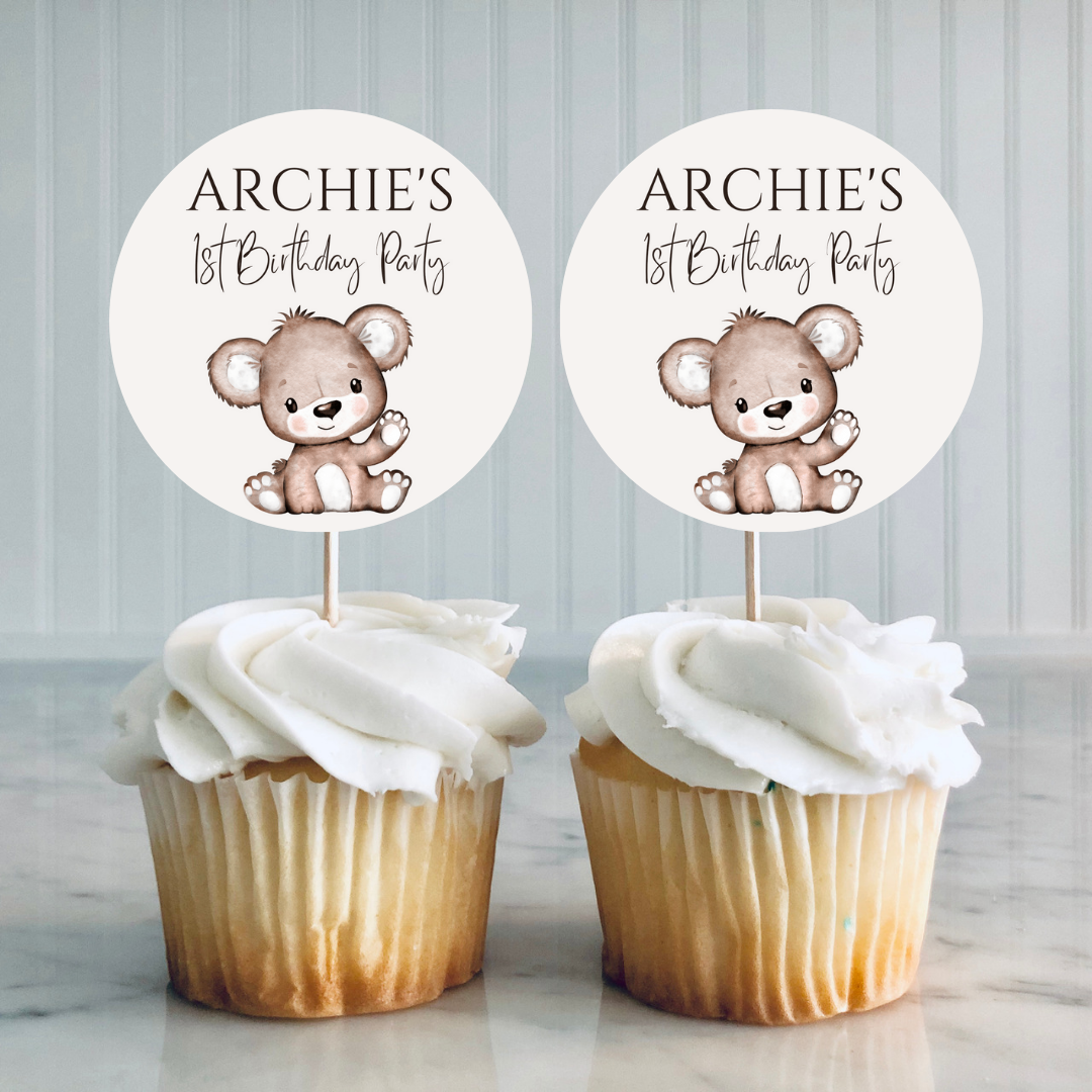 Brown Beige Neutral Teddy Bear Cupcake Toppers | Baby Shower, Birthday Cupcake Toppers | Party Decorations