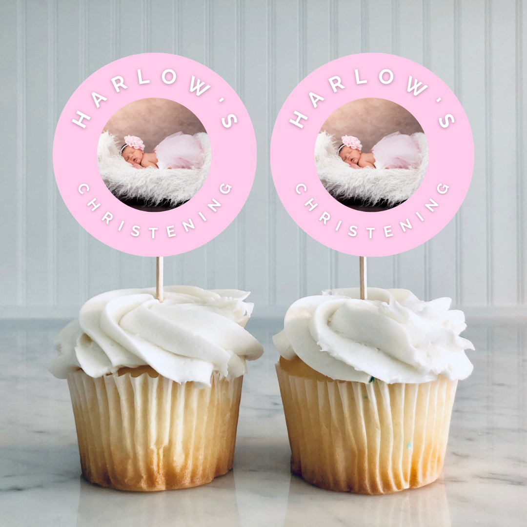 Pink Personalised Photo Cupcake Toppers | Baby Shower, Birthday, Christening Cupcake Toppers