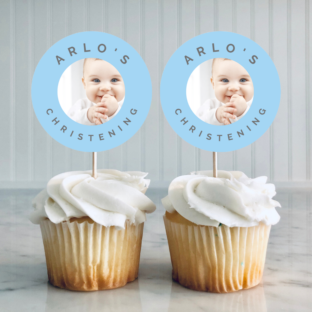 Blue Personalised Photo Cupcake Toppers | Baby Shower, Birthday, Christening Cupcake Toppers