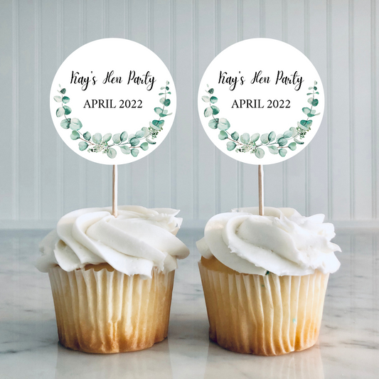 Green Leaf, Greenery, Eucalyptus Cupcake Toppers | Hen Party, Birthday, Engagement, Wedding, Christening Cupcake Topper | (Design 2)