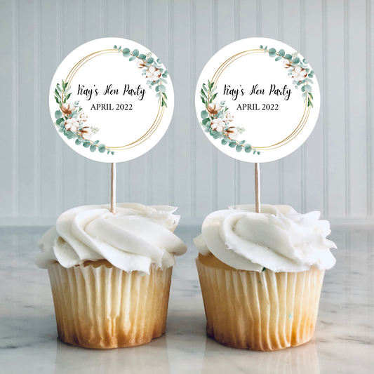 Green Leaf, Greenery, Eucalyptus Cupcake Toppers | Hen Party, Birthday, Engagement, Wedding, Christening Cupcake Topper | (Design 5)