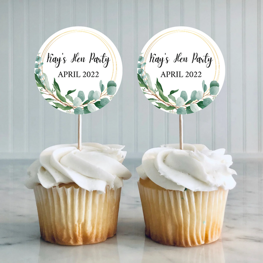 Green Leaf, Greenery, Eucalyptus Cupcake Toppers | Hen Party, Birthday, Engagement, Wedding, Christening Cupcake Topper | (Design 3)