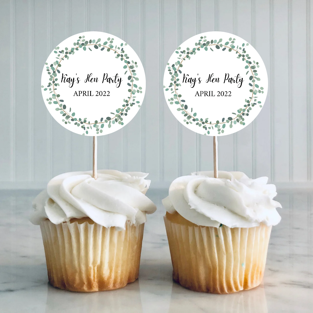 Green Leaf, Greenery, Eucalyptus Cupcake Toppers | Hen Party, Birthday, Engagement, Wedding, Christening Cupcake Topper | (Design 4)