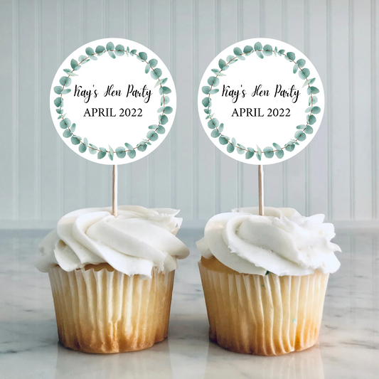 Green Leaf, Greenery, Eucalyptus Cupcake Toppers | Hen Party, Birthday, Engagement, Wedding, Christening Cupcake Topper | (Design 1)