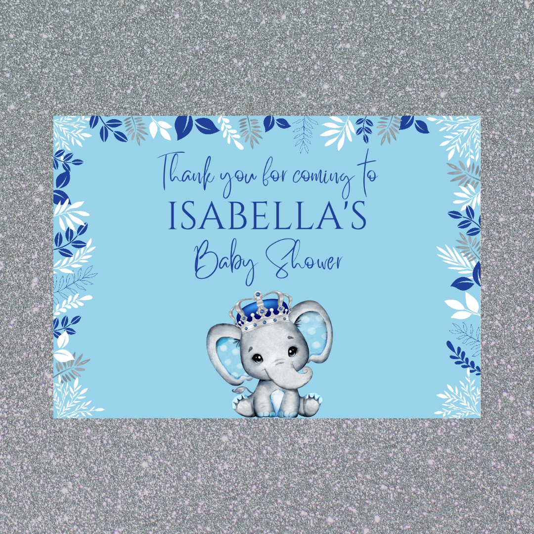 Rectangle Stickers | Party Stickers | Blue Elephant Crown Baby Shower, Birthday Stickers | Party Bag Stickers