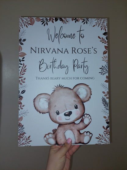 Brown Beige Neutral Teddy Bear Welcome Board Sign | Personalised Baby Shower, Birthday Party Board | Party Sign | A4, A3, A2