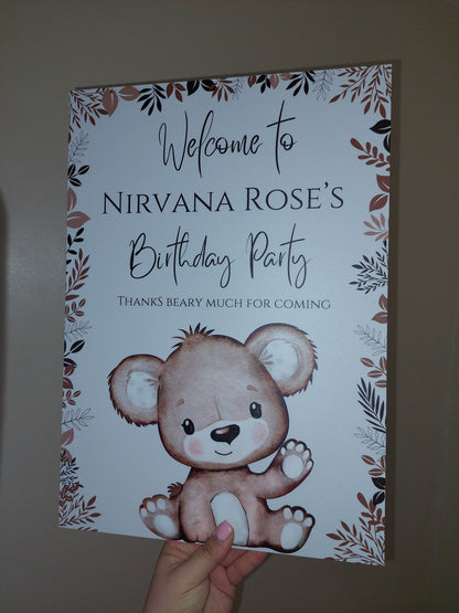 Brown Beige Neutral Teddy Bear Welcome Board Sign | Personalised Baby Shower, Birthday Party Board | Party Sign | A4, A3, A2