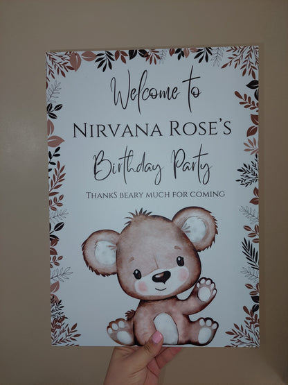 Brown Beige Neutral Teddy Bear Welcome Board Sign | Personalised Baby Shower, Birthday Party Board | Party Sign | A4, A3, A2