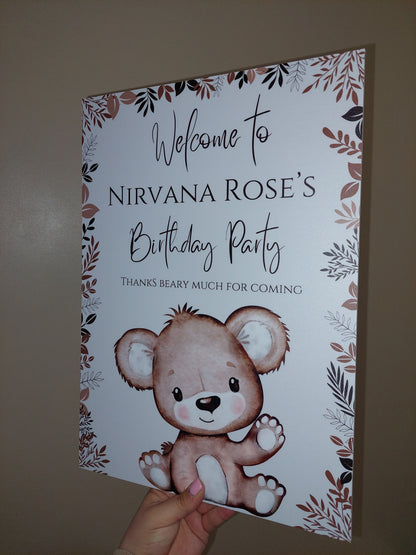 Brown Beige Neutral Teddy Bear Welcome Board Sign | Personalised Baby Shower, Birthday Party Board | Party Sign | A4, A3, A2