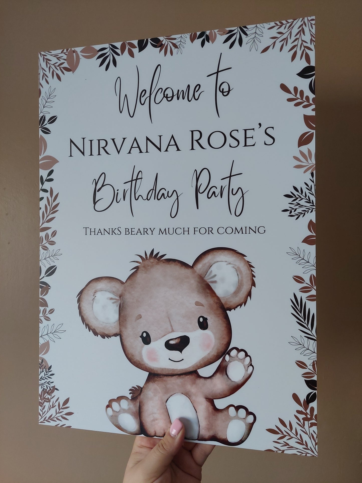 Brown Beige Neutral Teddy Bear Welcome Board Sign | Personalised Baby Shower, Birthday Party Board | Party Sign | A4, A3, A2