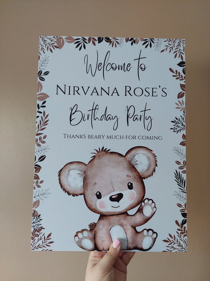 Brown Beige Neutral Teddy Bear Welcome Board Sign | Personalised Baby Shower, Birthday Party Board | Party Sign | A4, A3, A2