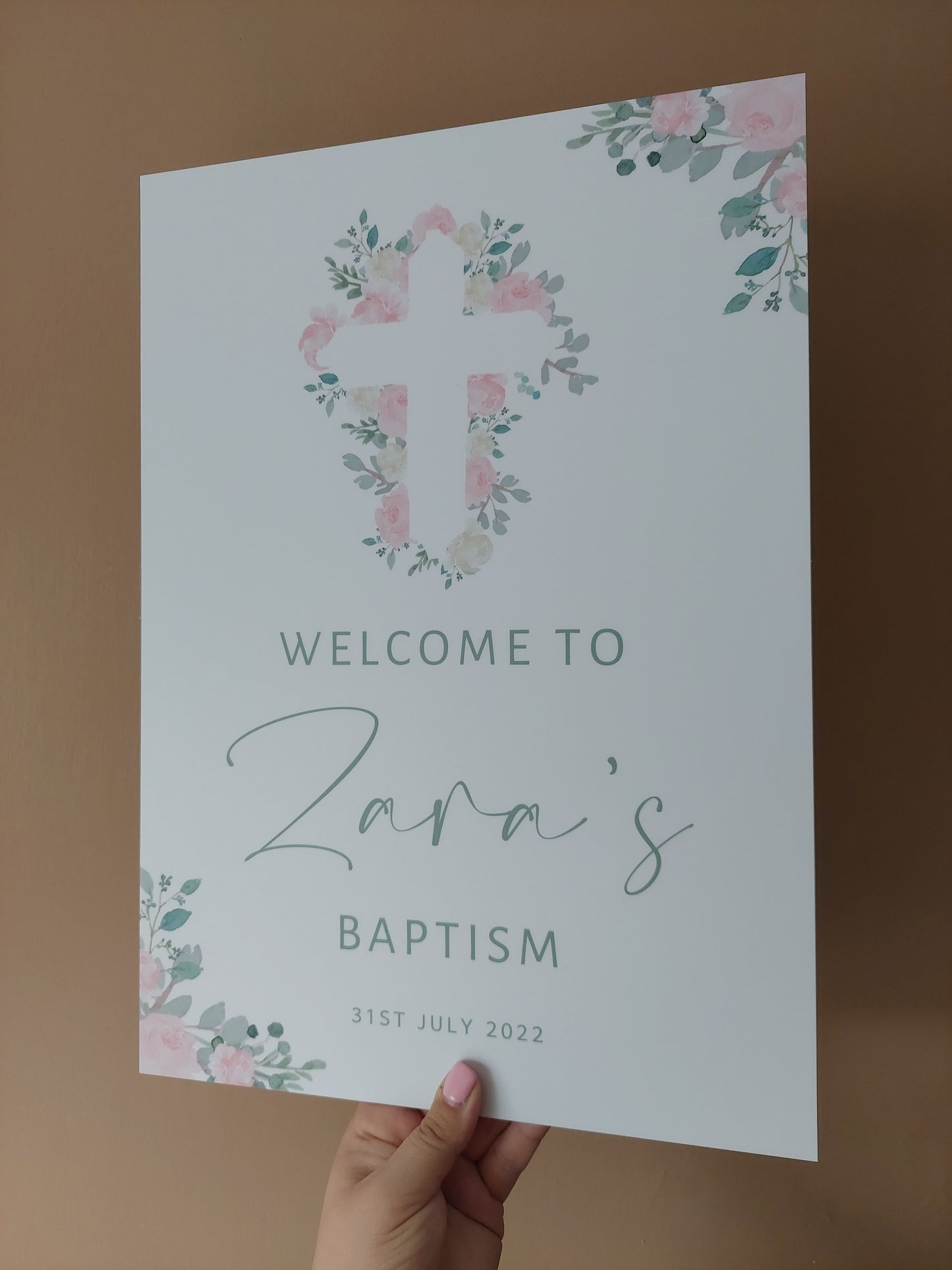 Christening, Baptism, Holy Communion Welcome Board Sign | Personalised Party Board | Pink Green Floral Party Sign | A4, A3, A2