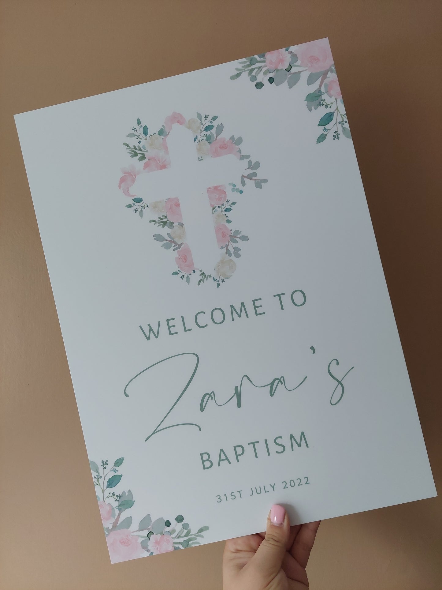 Christening, Baptism, Holy Communion Welcome Board Sign | Personalised Party Board | Pink Green Floral Party Sign | A4, A3, A2
