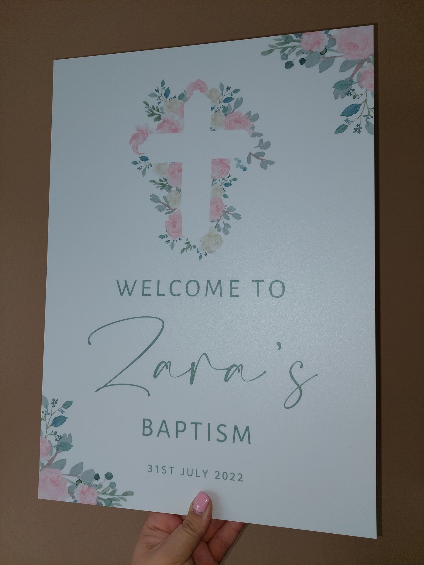 Christening, Baptism, Holy Communion Welcome Board Sign | Personalised Party Board | Pink Green Floral Party Sign | A4, A3, A2