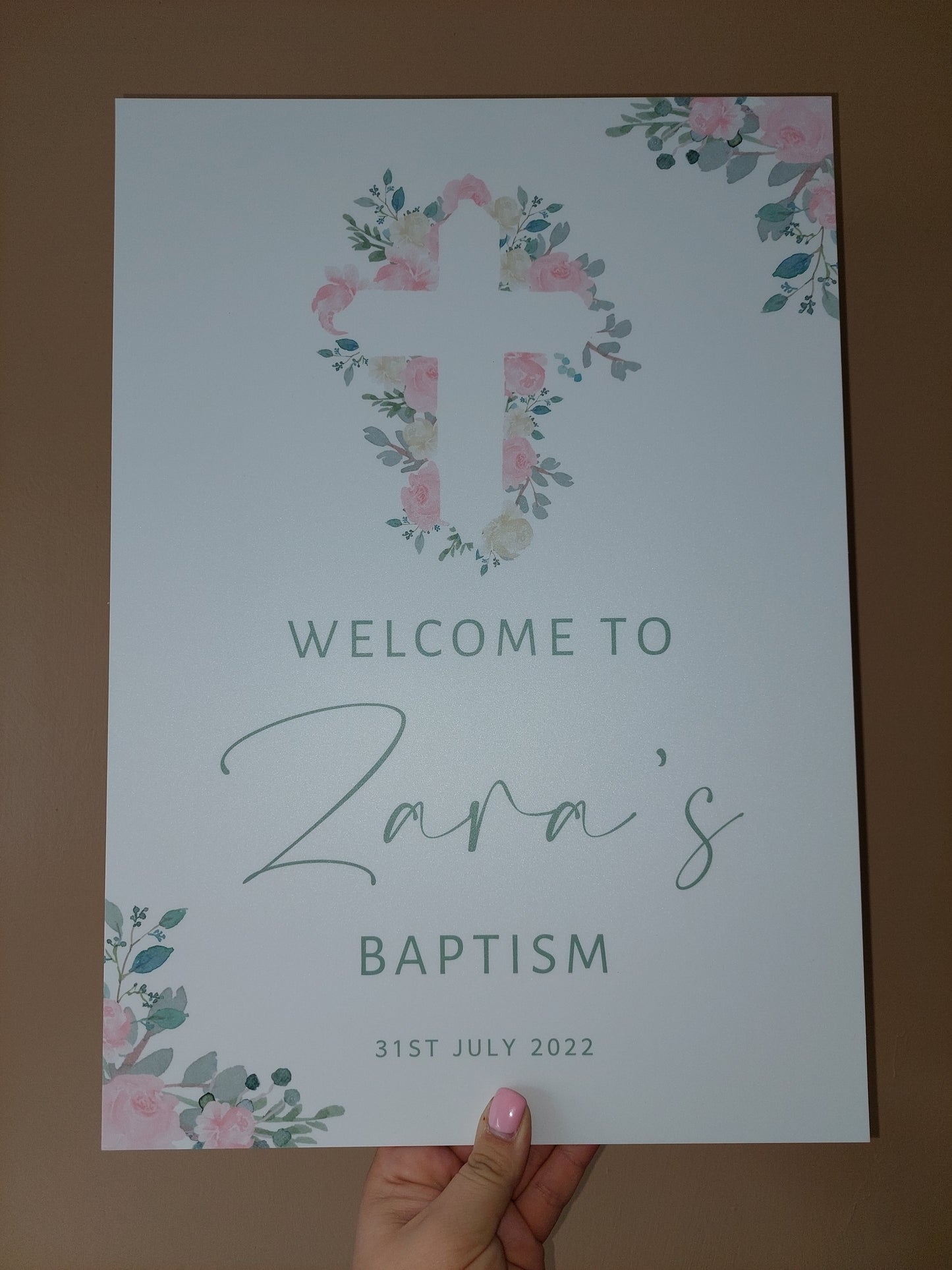 Christening, Baptism, Holy Communion Welcome Board Sign | Personalised Party Board | Pink Green Floral Party Sign | A4, A3, A2