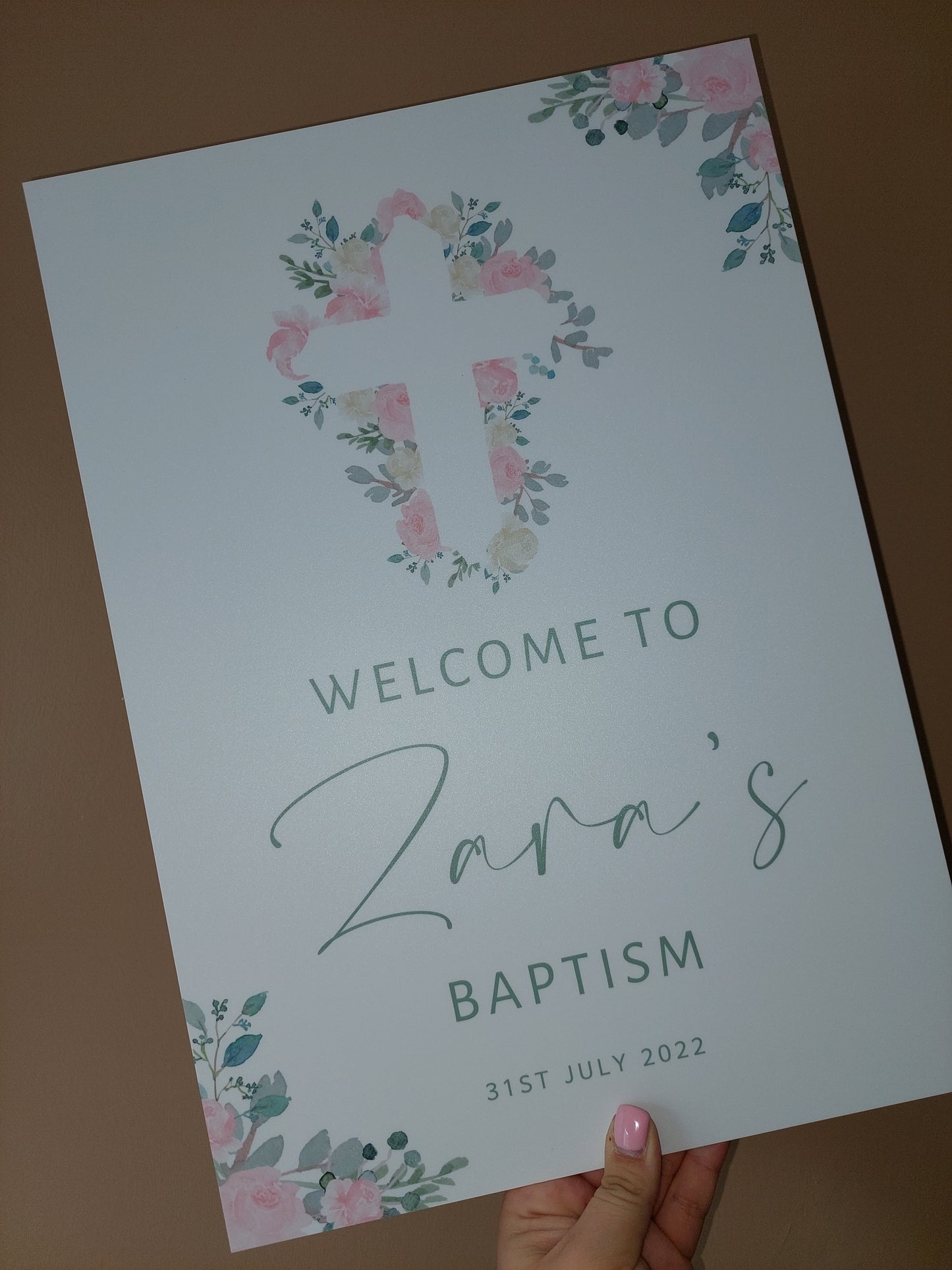 Christening, Baptism, Holy Communion Welcome Board Sign | Personalised Party Board | Pink Green Floral Party Sign | A4, A3, A2
