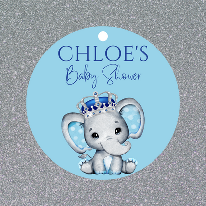 Blue Elephant Crown Gift Tags | Baby Shower, Birthday Gift Tags | Circle Gift Tags