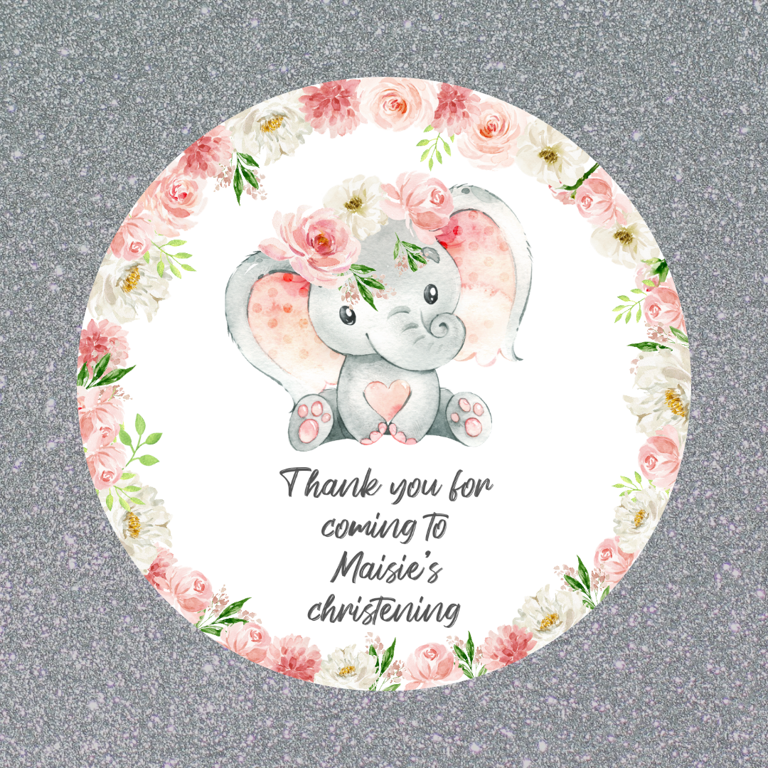 Personalised Pink Floral Elephant Stickers | Sticker Sheet 45mm Circles | Party Stickers | Circle Stickers | Sticker Sheet