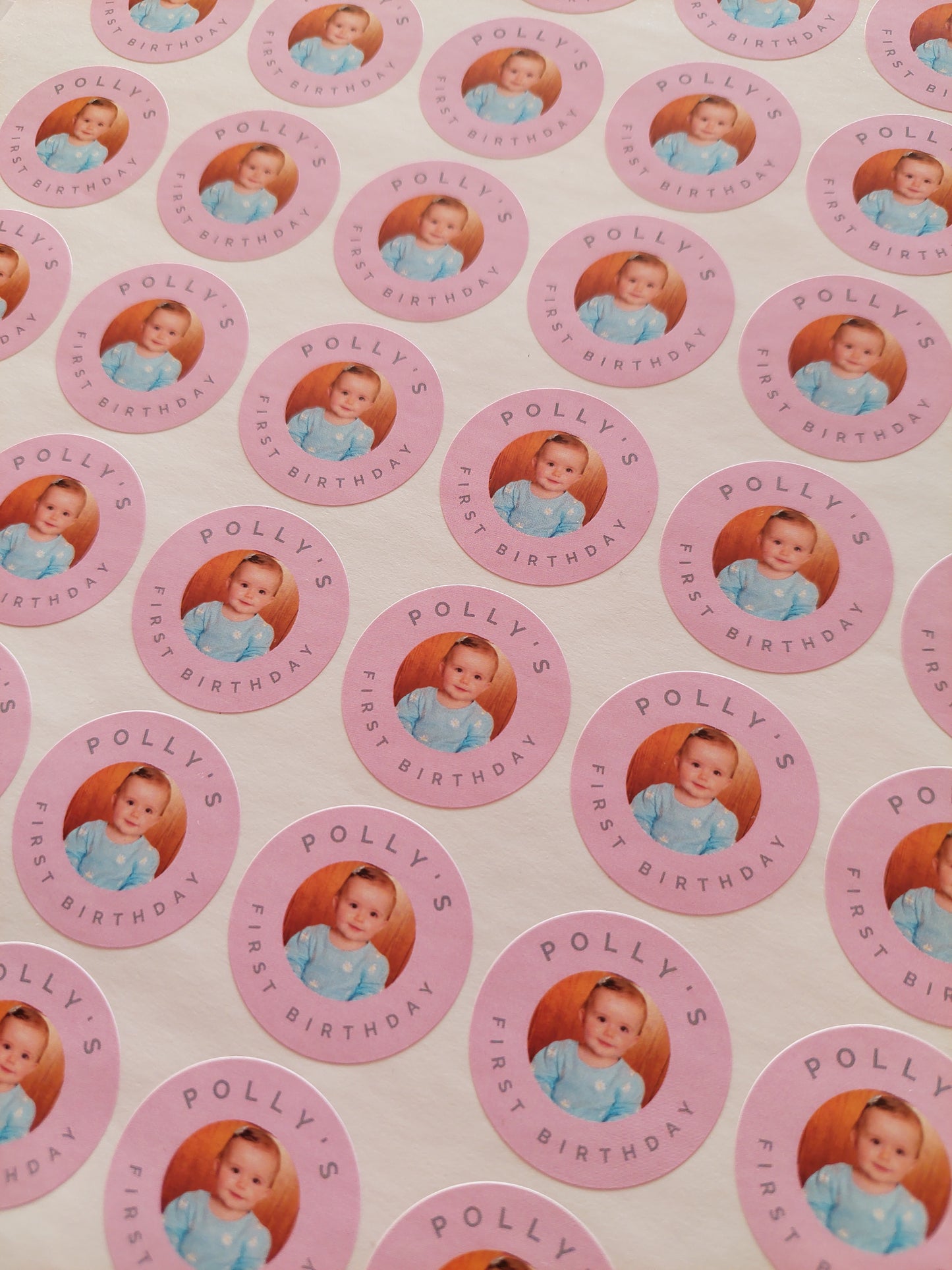 Pink Personalised Photo Stickers | Various Sizes | Christening, Birthday, Party Stickers | Event Stickers