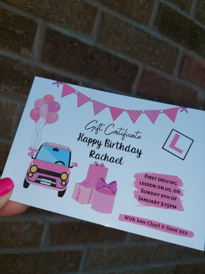 A6 Print | Pink Driving Lesson Gift Certificate | Gift Idea