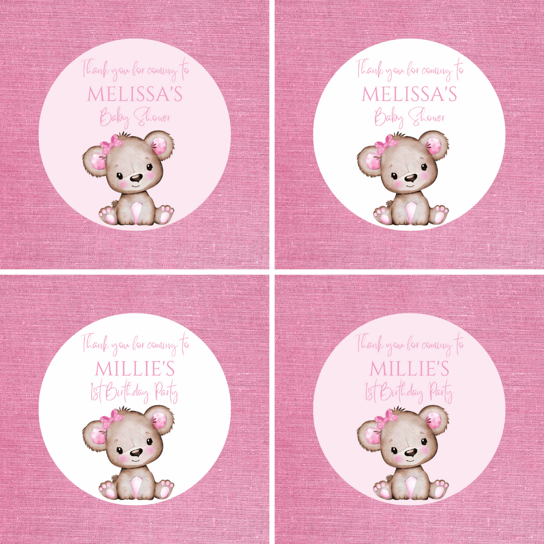 Pink Or White Teddy Bear Baby Shower, 1st Birthday Stickers | Sticker Sheet | Baby Shower, 1st Birthday Party Stickers