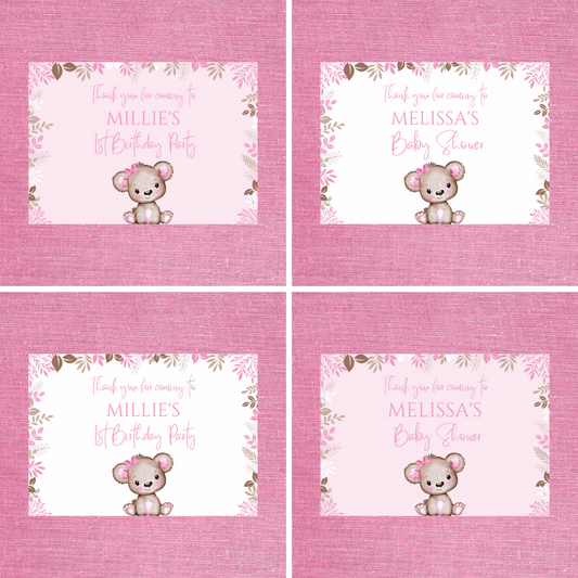 Rectangle Stickers | Party Stickers | Pink Or White Teddy Bear Baby Shower, Birthday Stickers | Party Bag Stickers