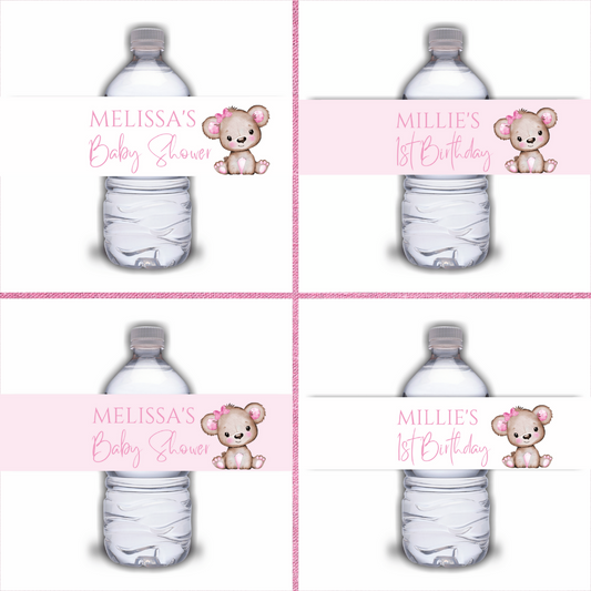 Juice Bottle Labels | Pink Or White Teddy Bear Labels | Water Bottle Stickers | Teddy Bear Baby Shower, Birthday Party