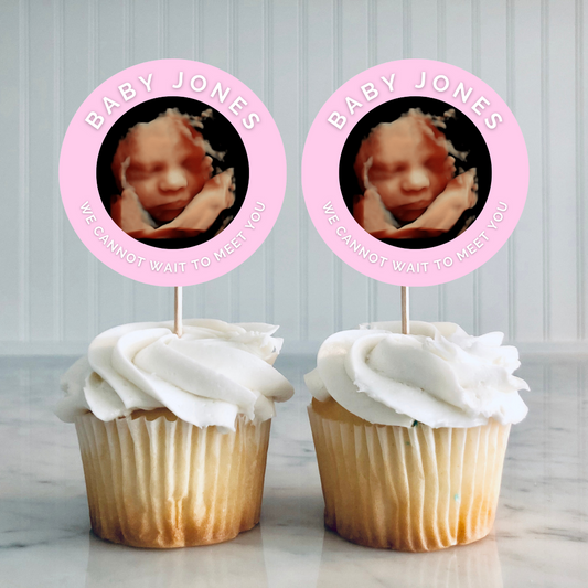 Pink Personalised Scan Photo Cupcake Toppers | Baby Shower, Gender Reveal, Cupcake Toppers