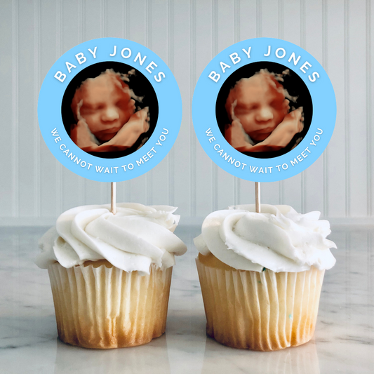 Blue Personalised Scan Photo Cupcake Toppers | Baby Shower, Gender Reveal, Cupcake Toppers