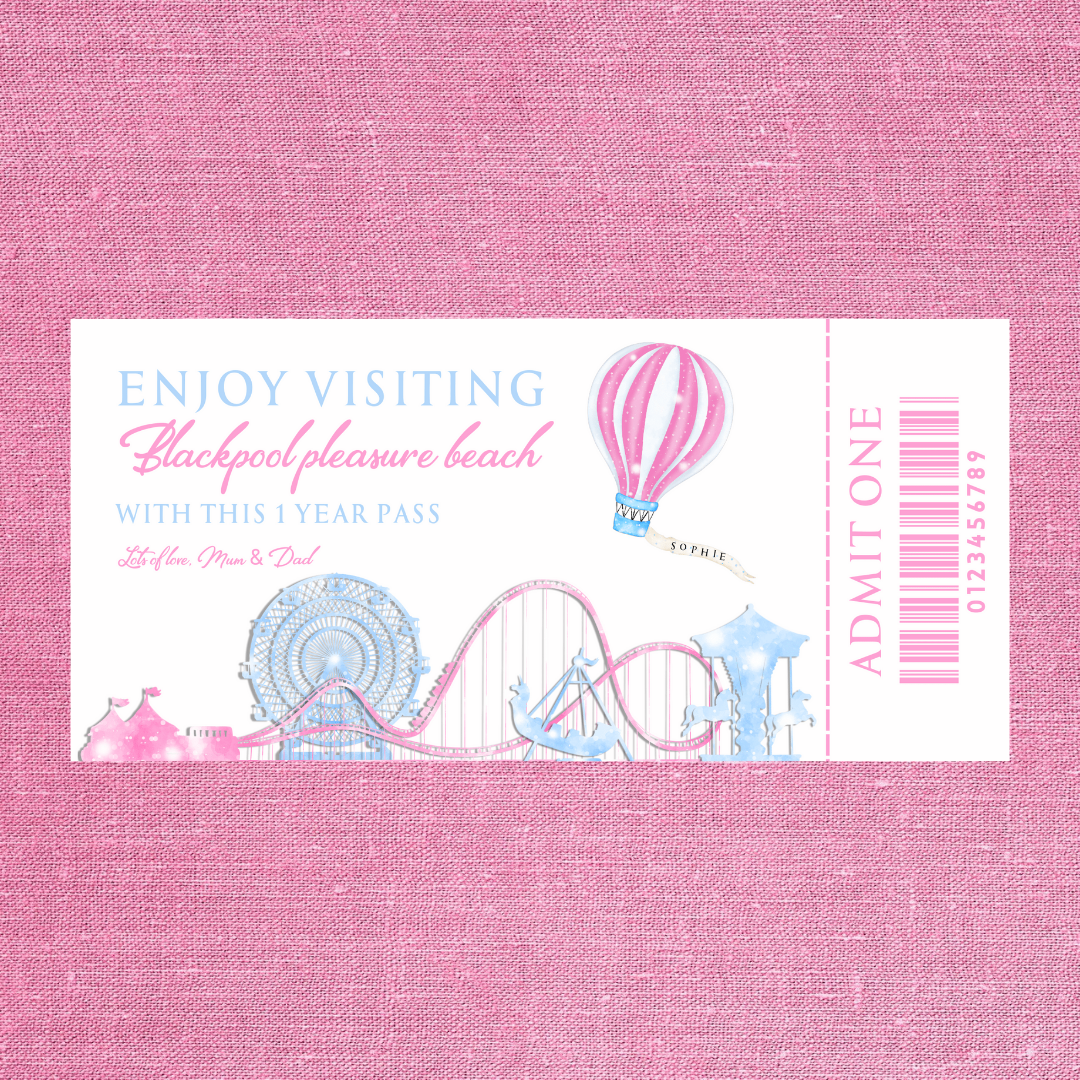 Surprise Ticket Print | Personalised Pink Theme Park Ticket Pass Voucher Membership | Gift Idea