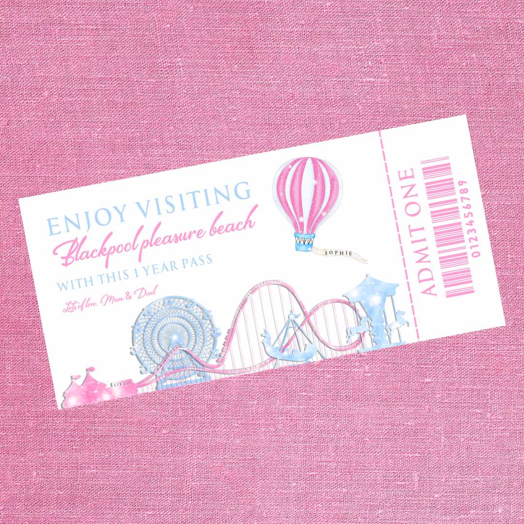 Surprise Ticket Print | Personalised Pink Theme Park Ticket Pass Voucher Membership | Gift Idea