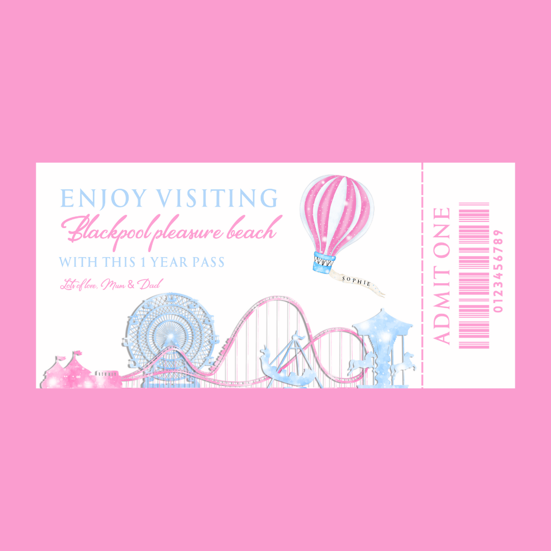 Surprise Ticket Print | Personalised Pink Theme Park Ticket Pass Voucher Membership | Gift Idea