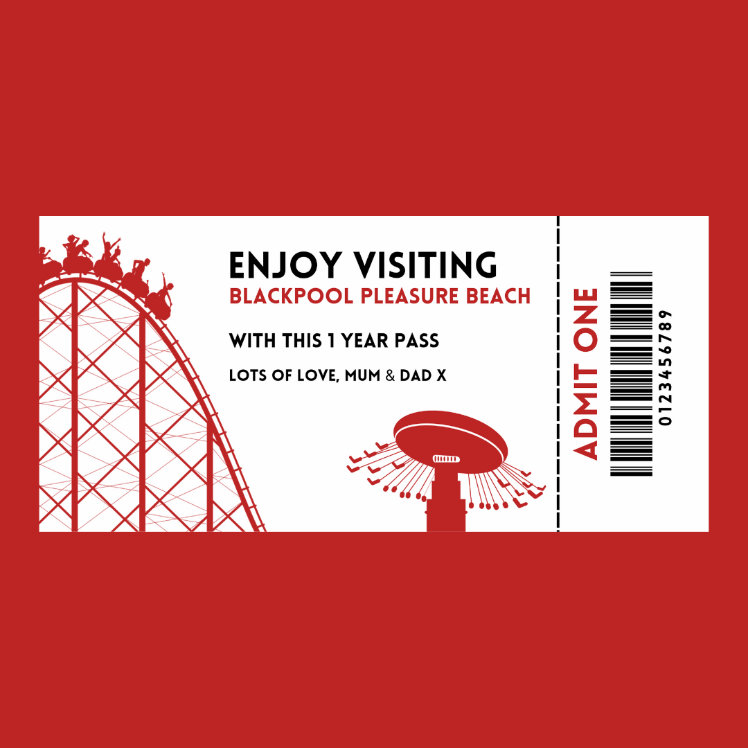 Surprise Ticket Print | Personalised Red Theme Park Ticket Pass Voucher Membership | Gift Idea