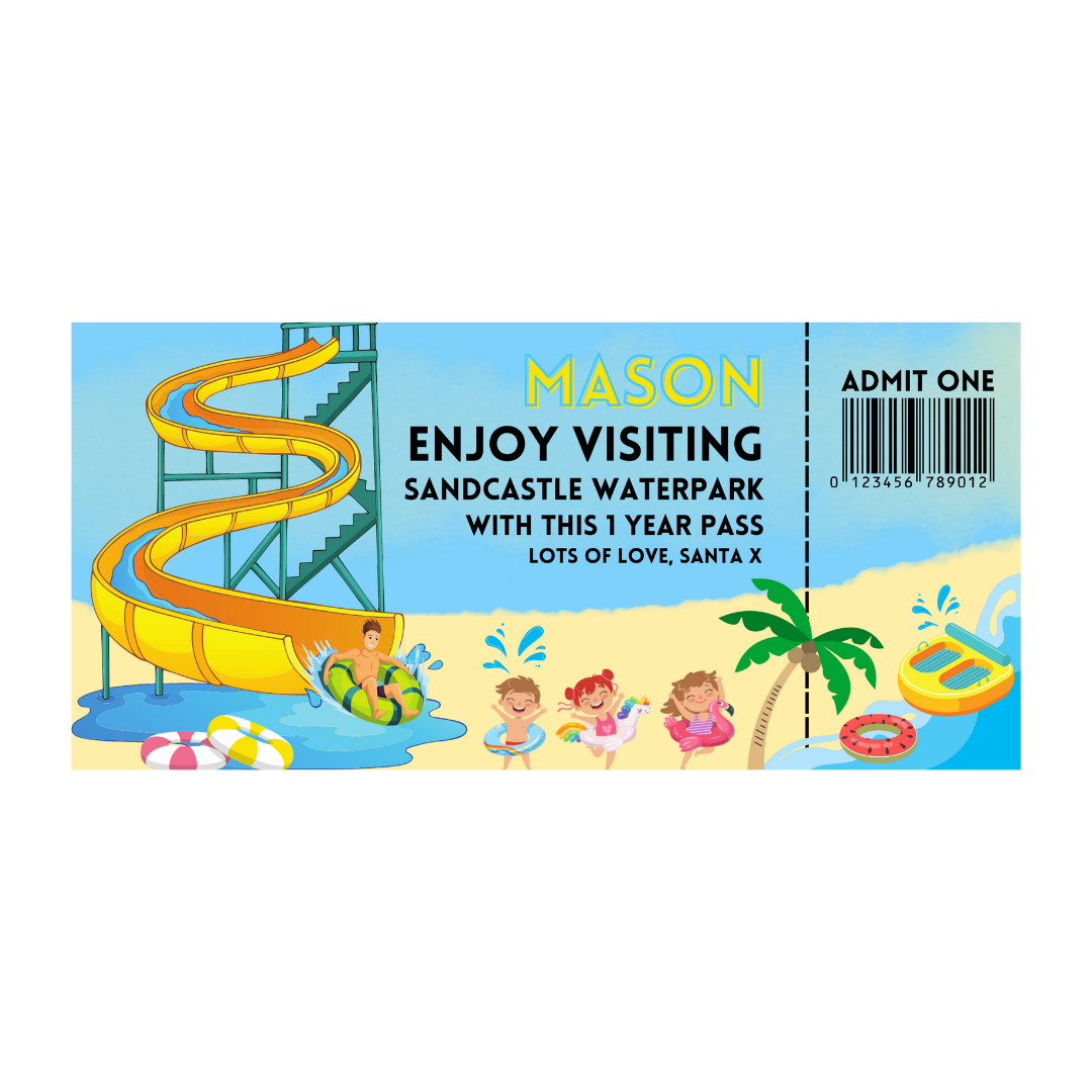 Surprise Ticket Print | Personalised Water Park Ticket Pass Voucher Membership | Gift Idea