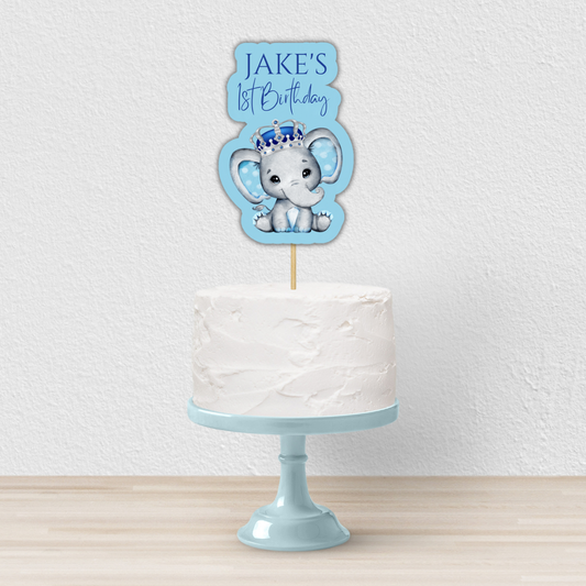 Cake Topper | Personalised Blue Elephant Crown Cake Topper | Blue Elephant Crown Party Supplies