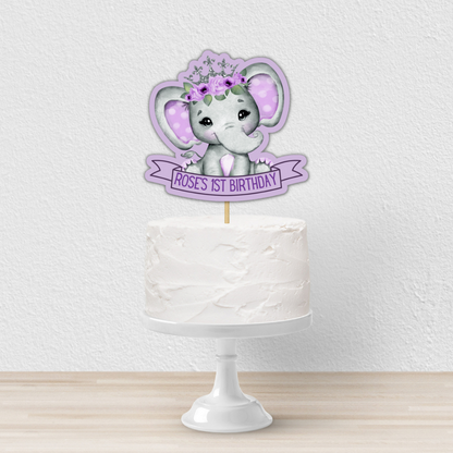 Cake Topper | Personalised Purple Elephant Floral Crown Cake Topper | Purple Elephant Floral Crown Party Supplies