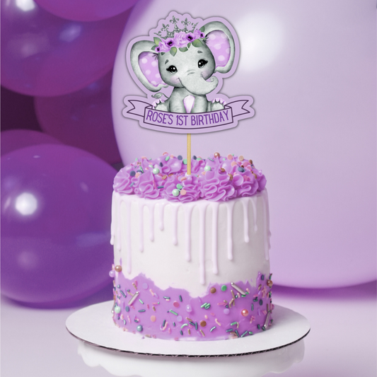 Cake Topper | Personalised Purple Elephant Floral Crown Cake Topper | Purple Elephant Floral Crown Party Supplies