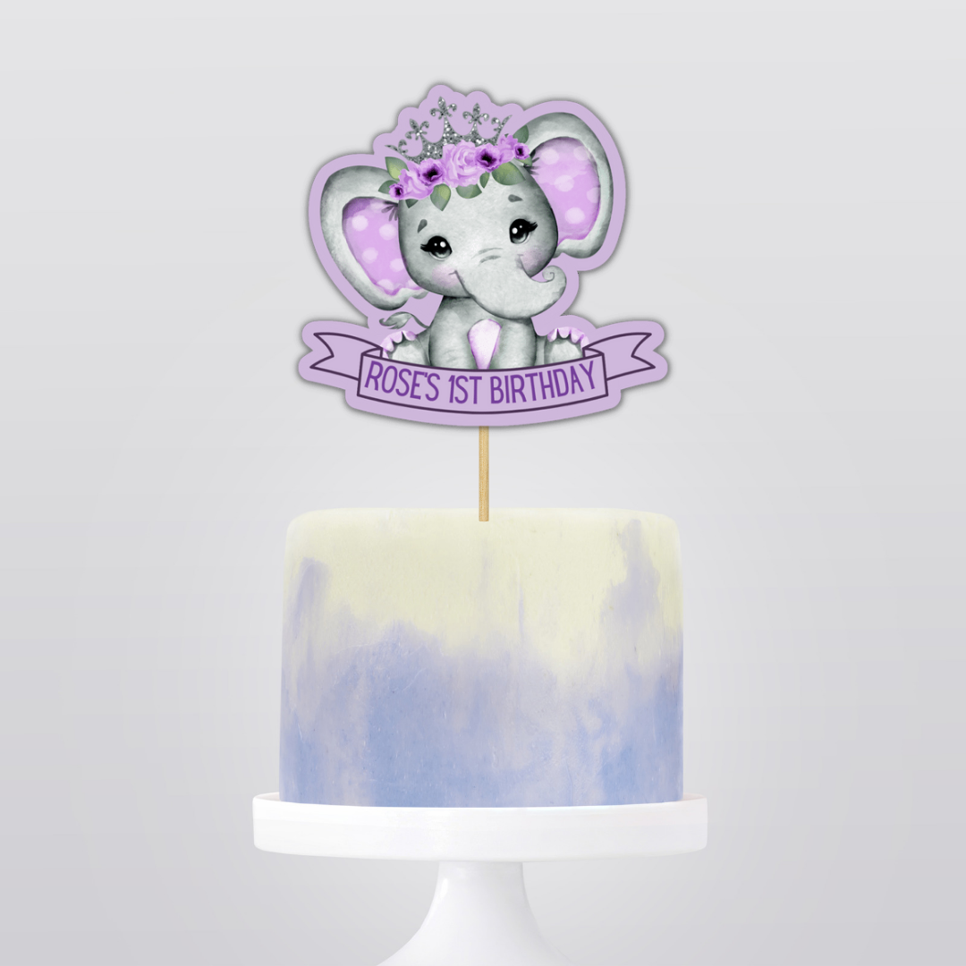 Cake Topper | Personalised Purple Elephant Floral Crown Cake Topper | Purple Elephant Floral Crown Party Supplies